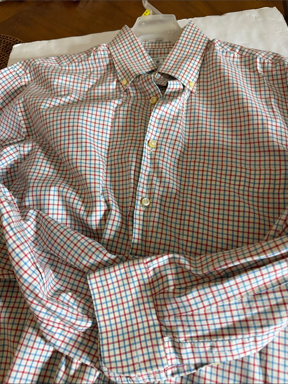 Peter Millar White Button-Down Shirt with Red & Blue Windowpane